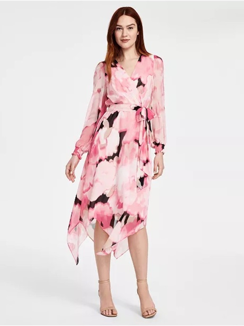 Anne Klein Women's Pink Floral Chiffon Midi Dress Size 4 Peony Print Long Sleeve